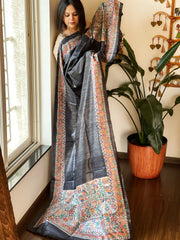 Black Handpainted Madhubani Dupatta in Pure Tussar Silk