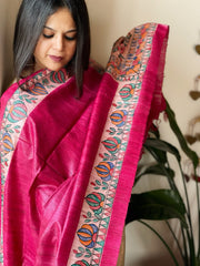 Pink Handpainted Madhubani Dupatta in Pure Tussar Silk