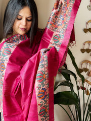 Pink Handpainted Madhubani Dupatta in Pure Tussar Silk