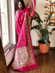 Pink Handpainted Madhubani Dupatta in Pure Tussar Silk