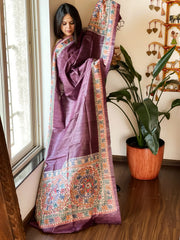 Wine Handpainted Madhubani Dupatta in Pure Tussar Silk