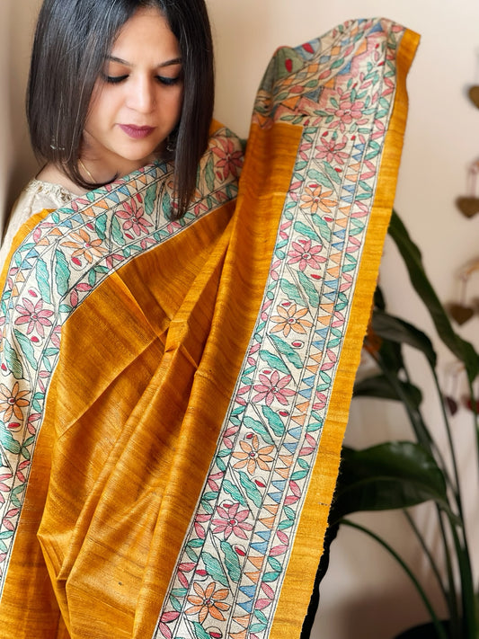 Yellow Handpainted Madhubani Dupatta in Pure Tussar Silk