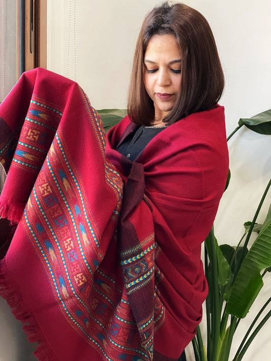 Reddish Maroon Woven Kullu Woollen Shawl