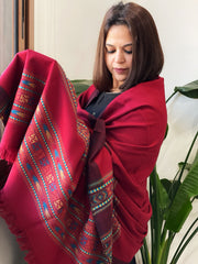 Reddish Maroon Woven Kullu Woollen Shawl