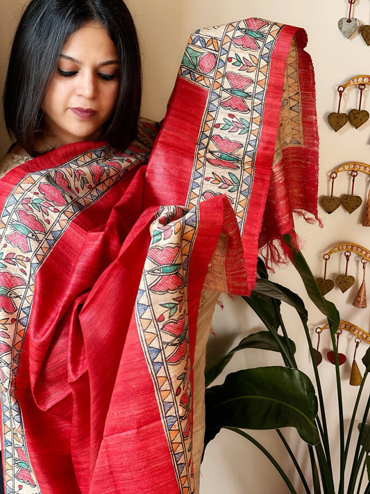 Red Handpainted Madhubani Dupatta in Pure Tussar Silk