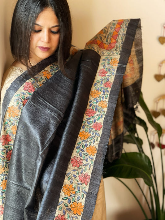 Black Handpainted Madhubani Dupatta in Pure Tussar Silk