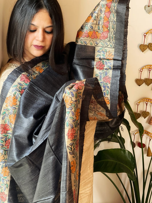 Black Handpainted Madhubani Dupatta in Pure Tussar Silk