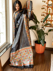 Black Handpainted Madhubani Dupatta in Pure Tussar Silk