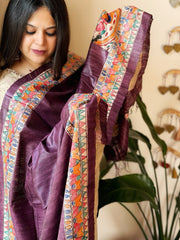 Wine Handpainted Madhubani Dupatta in Pure Tussar Silk