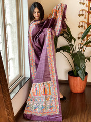 Wine Handpainted Madhubani Dupatta in Pure Tussar Silk