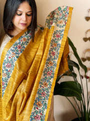 Yellow Handpainted Madhubani Dupatta in Pure Tussar Silk