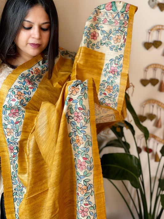 Yellow Handpainted Madhubani Dupatta in Pure Tussar Silk