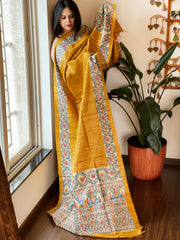 Yellow Handpainted Madhubani Dupatta in Pure Tussar Silk