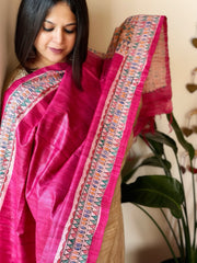 Pink Handpainted Madhubani Dupatta in Pure Tussar Silk