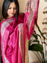 Pink Handpainted Madhubani Dupatta in Pure Tussar Silk