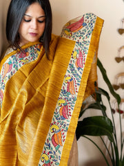 Yellow Handpainted Madhubani Dupatta in Pure Tussar Silk