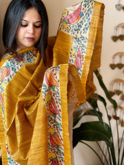 Yellow Handpainted Madhubani Dupatta in Pure Tussar Silk