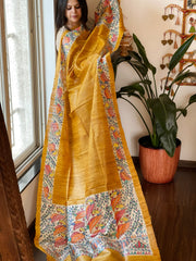 Yellow Handpainted Madhubani Dupatta in Pure Tussar Silk