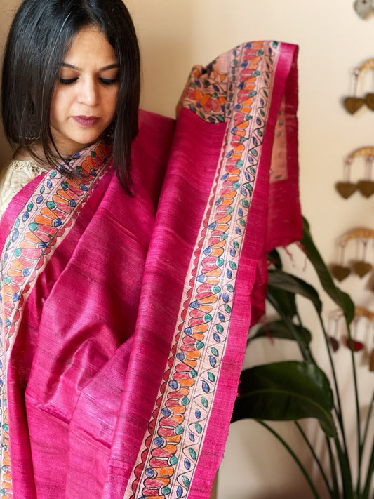 Pink Handpainted Madhubani Dupatta in Pure Tussar Silk