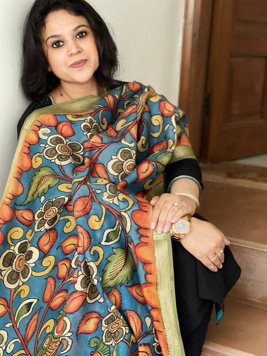 Handpainted Kalamkari Dupatta in Chanderi Silk