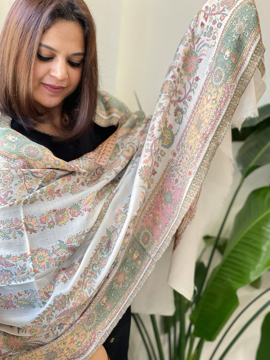 White Woven Kaani Jaal Pashmina Stole