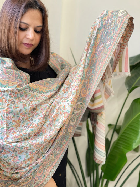 White Woven Kaani Jaal Pashmina Stole