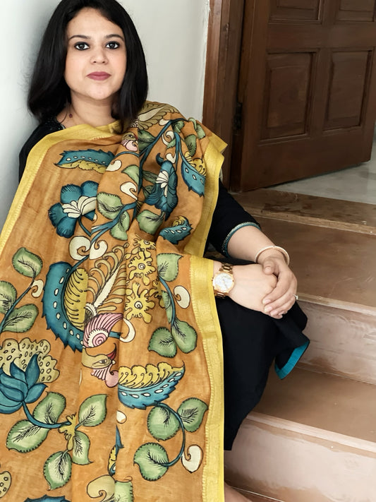 Handpainted Kalamkari Dupatta in Chanderi Silk