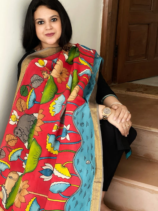 Handpainted Kalamkari Dupatta in Chennuri Silk