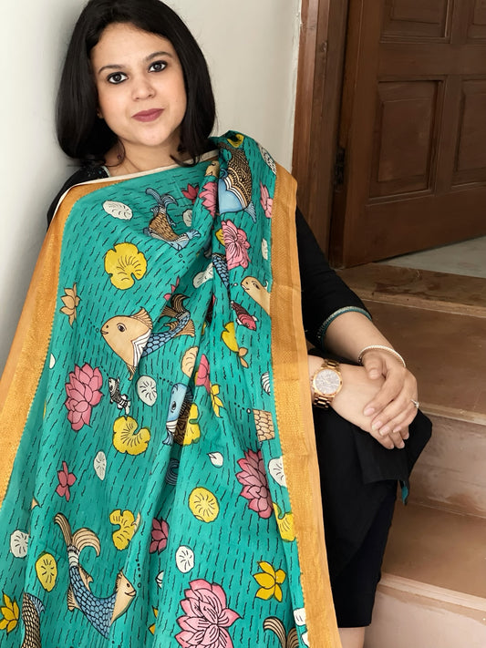 Handpainted Kalamkari Dupatta in Chennuri Silk