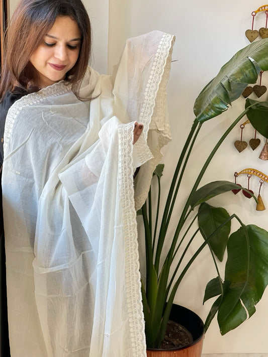 Off-White Cotton Dupatta with Embroidery