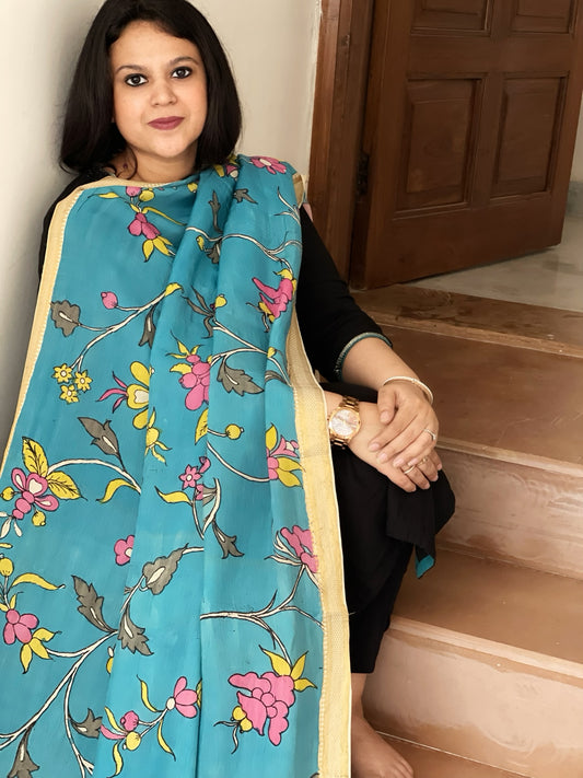 Handpainted Kalamkari Dupatta in Chennuri Silk