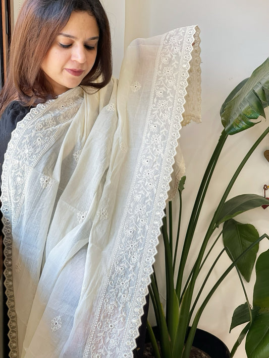 Off-White Cotton Dupatta with Embroidery