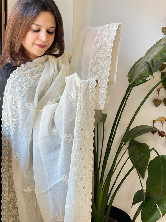 Off-White Cotton Dupatta with Embroidery