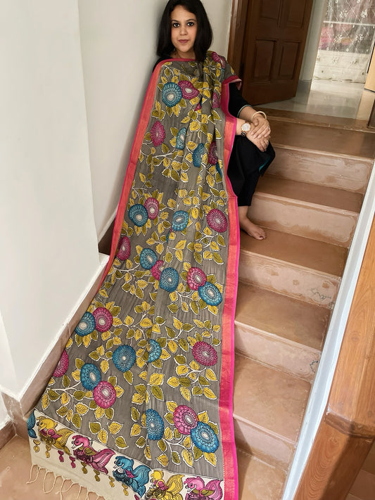 Handpainted Kalamkari Dupatta in Chennuri Silk
