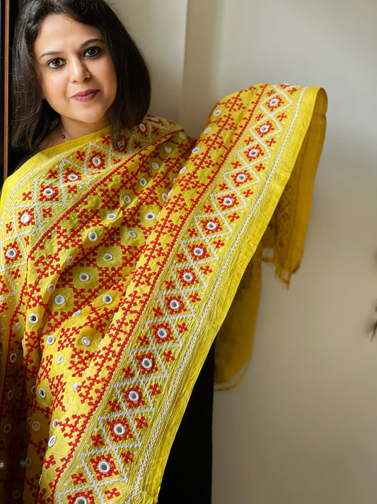 Yellow Handmade Nakshi Kantha with Real Mirror Handwork Dupatta in Pure Silk