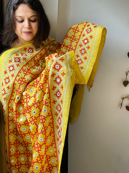 Yellow Handmade Nakshi Kantha with Real Mirror Handwork Dupatta in Pure Silk