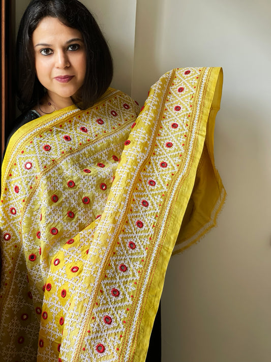 Yellow Handmade Nakshi Kantha with Real Mirror Handwork Dupatta in Pure Silk