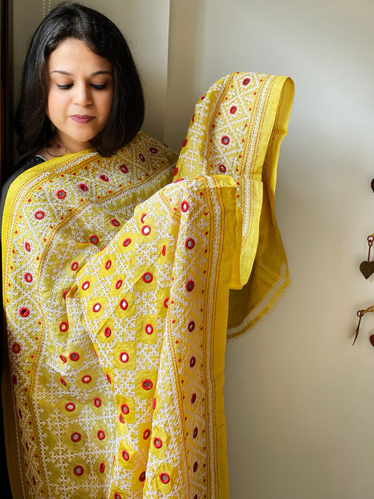 Yellow Handmade Nakshi Kantha with Real Mirror Handwork Dupatta in Pure Silk