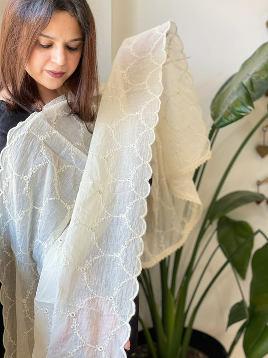 Off-White Cotton Dupatta with Embroidery