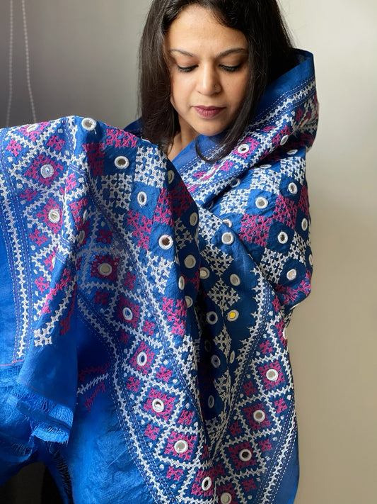Blue Handmade Nakshi Kantha Dupatta with Real Mirror Handwork in Pure Silk
