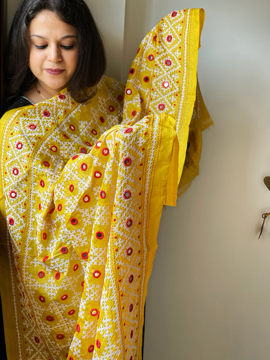 Yellow Handmade Nakshi Kantha with Real Mirror Handwork Dupatta in Pure Silk