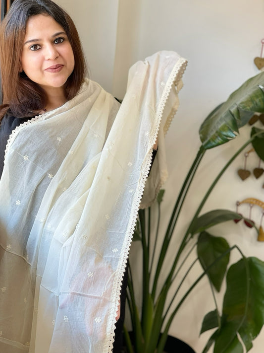 Off-White Cotton Dupatta with Embroidery