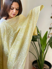 Lime Yellow Kashmiri Aari Embroidery dupatta in Mul