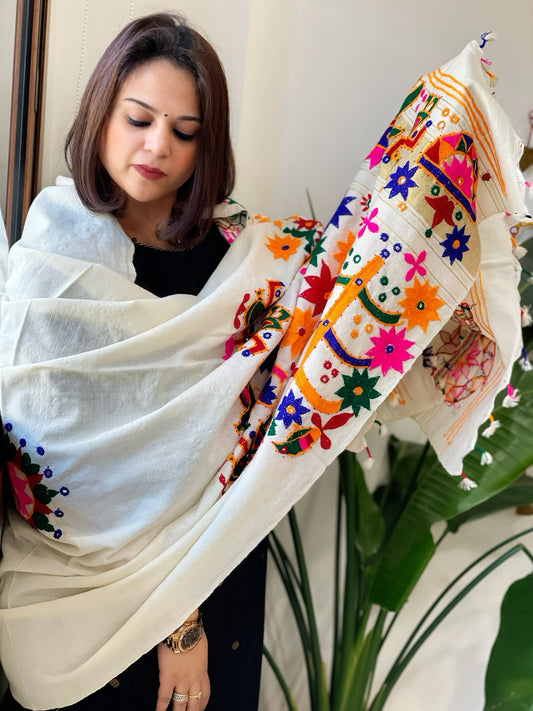 Cream Handwoven Woollen Shawl with Thread and Foil Mirror Handwork