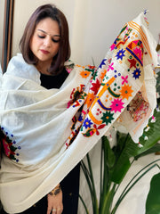 Cream Handwoven Woollen Shawl with Thread and Foil Mirror Handwork