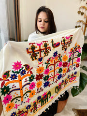 Cream Handwoven Woollen Shawl with Thread and Foil Mirror Handwork