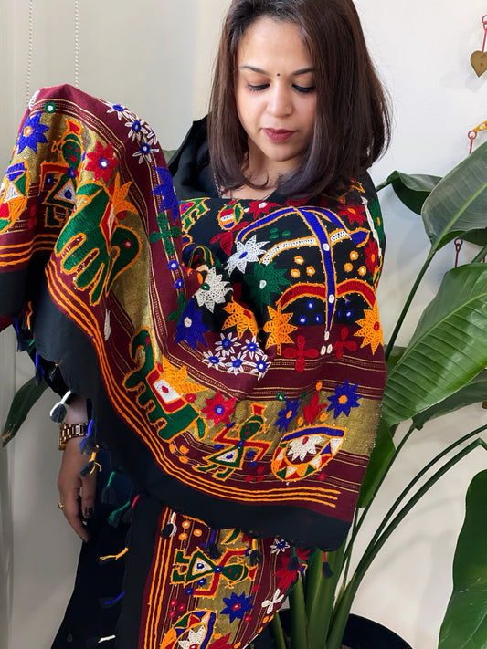 Black Handwoven Woollen Shawl with Thread and Foil Mirror Handwork