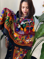 Black Handwoven Woollen Shawl with Thread and Foil Mirror Handwork