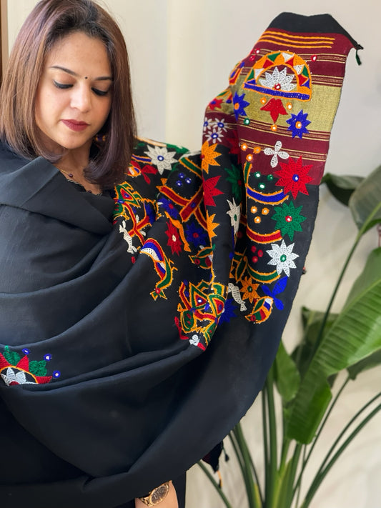 Black Handwoven Woollen Shawl with Thread and Foil Mirror Handwork