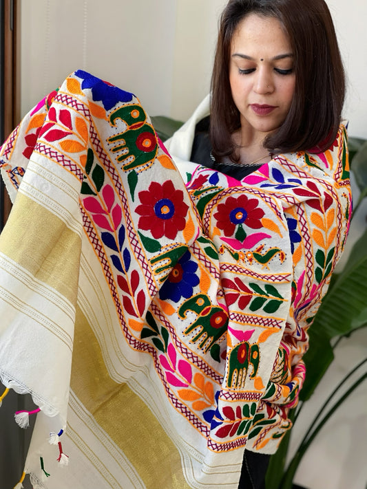 Cream Handwoven Woollen Shawl with Thread and Foil Mirror Handwork